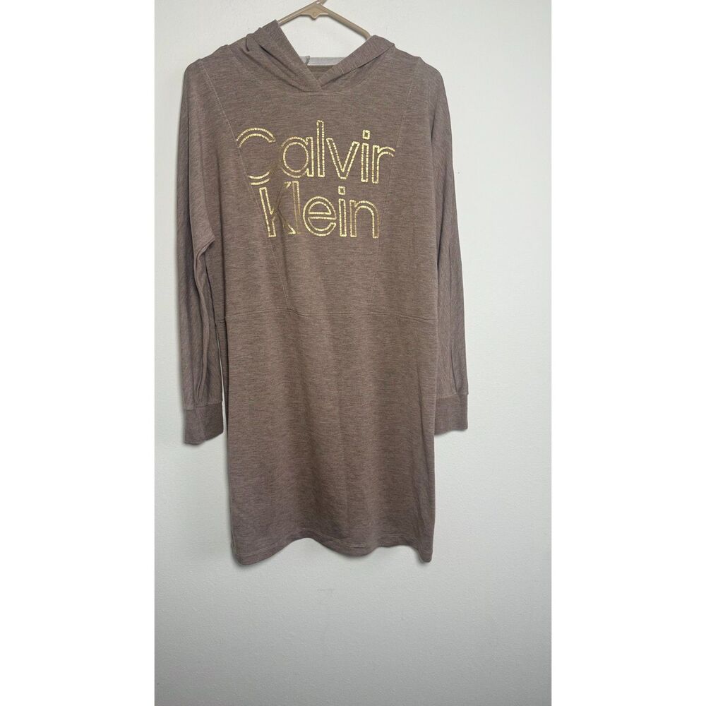 Calvin Klein Women’s Small Brown Logo Hooded Sweatshirt Dress Long Sleeve